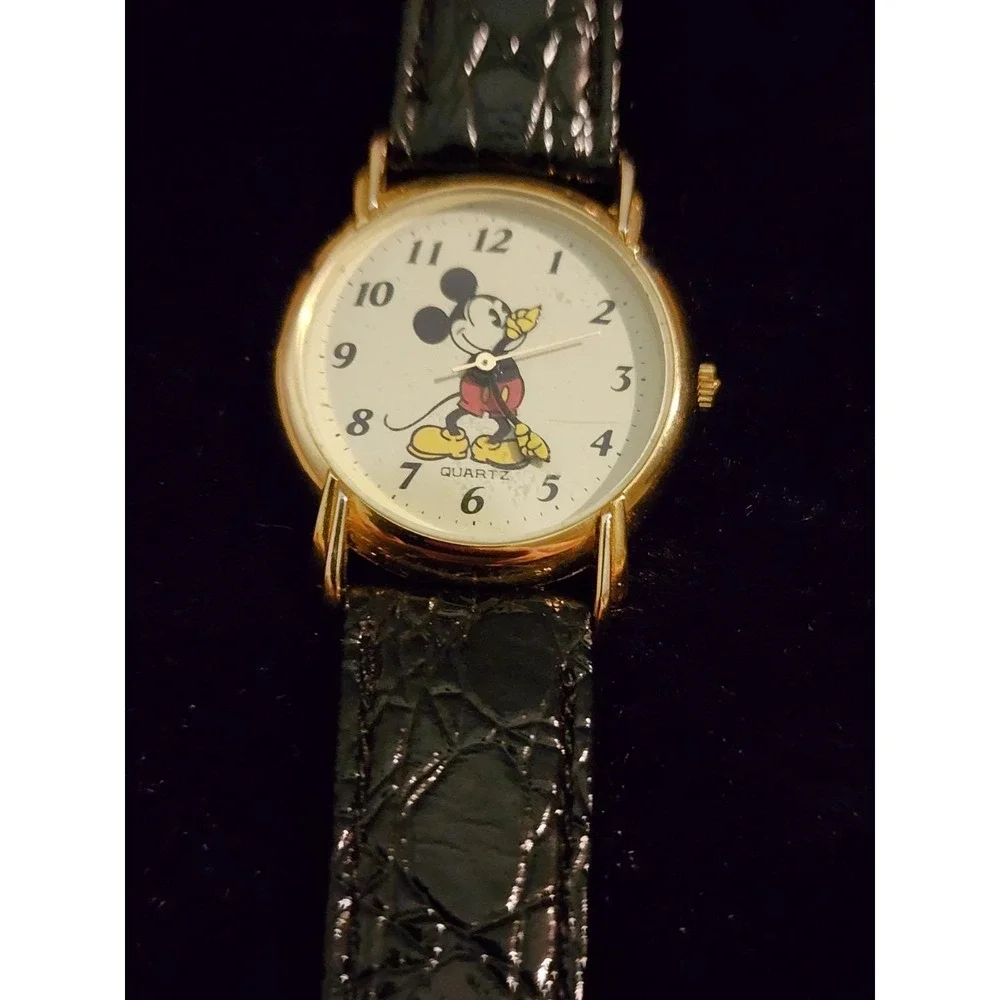 Vintage Disney Mickey & Minnie Mouse Watches Running Leather Band His & Hers Y2K